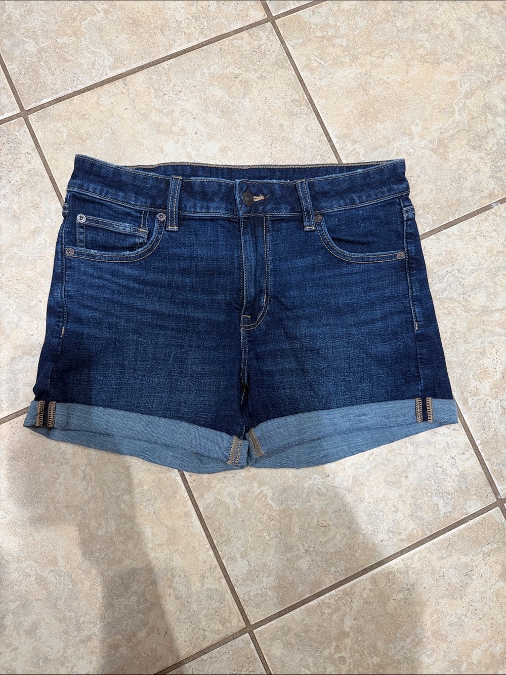 American Eagle Outfitters Dark Blue Denim Roll-Cuff Shorts
